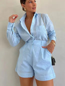 Conjunto Feminino 2 Peças Premium – Camisa Manga Longa e Short Casual Elegante