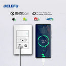 Tomada de Parede DELEFU 4*2 em Vidro Temperado Branco Padrão Brasileiro com USB Duplo Tipo C, Interruptor Tuya Wifi 10A 20A