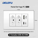 Tomada de Parede DELEFU 4*2 em Vidro Temperado Branco Padrão Brasileiro com USB Duplo Tipo C, Interruptor Tuya Wifi 10A 20A