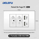 Tomada de Parede DELEFU 4*2 em Vidro Temperado Branco Padrão Brasileiro com USB Duplo Tipo C, Interruptor Tuya Wifi 10A 20A