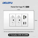 Tomada de Parede DELEFU 4*2 em Vidro Temperado Branco Padrão Brasileiro com USB Duplo Tipo C, Interruptor Tuya Wifi 10A 20A