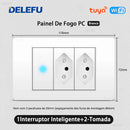 Tomada de Parede DELEFU 4*2 em Vidro Temperado Branco Padrão Brasileiro com USB Duplo Tipo C, Interruptor Tuya Wifi 10A 20A